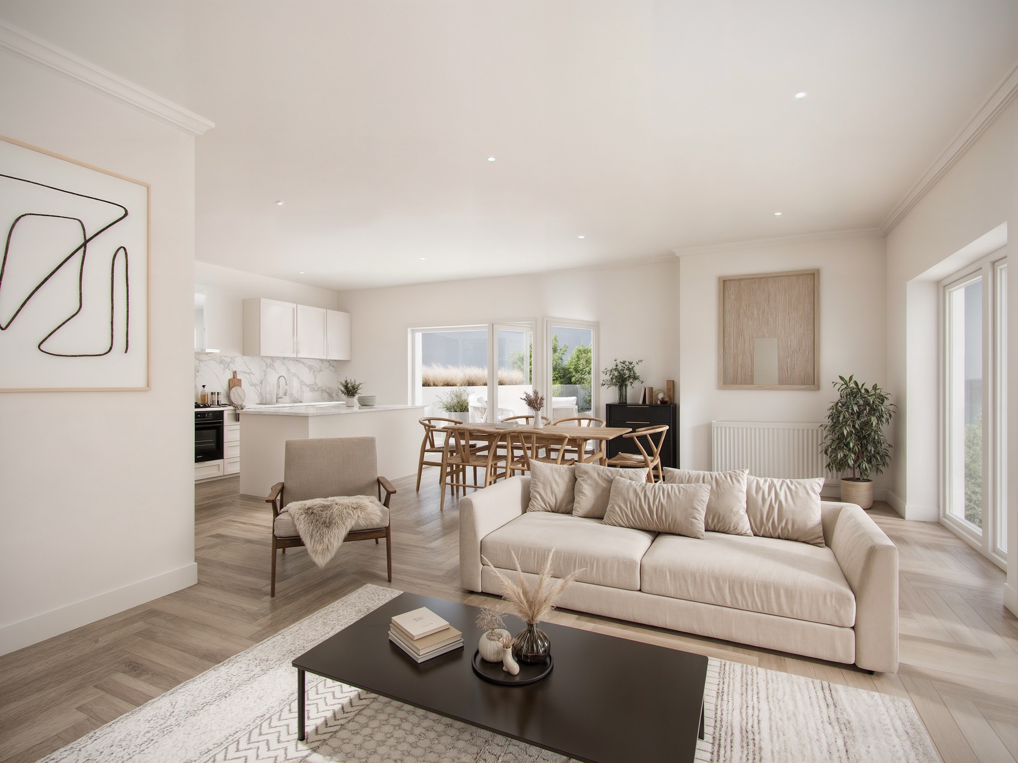 Considered open-plan living area at Chalkwell Avenue